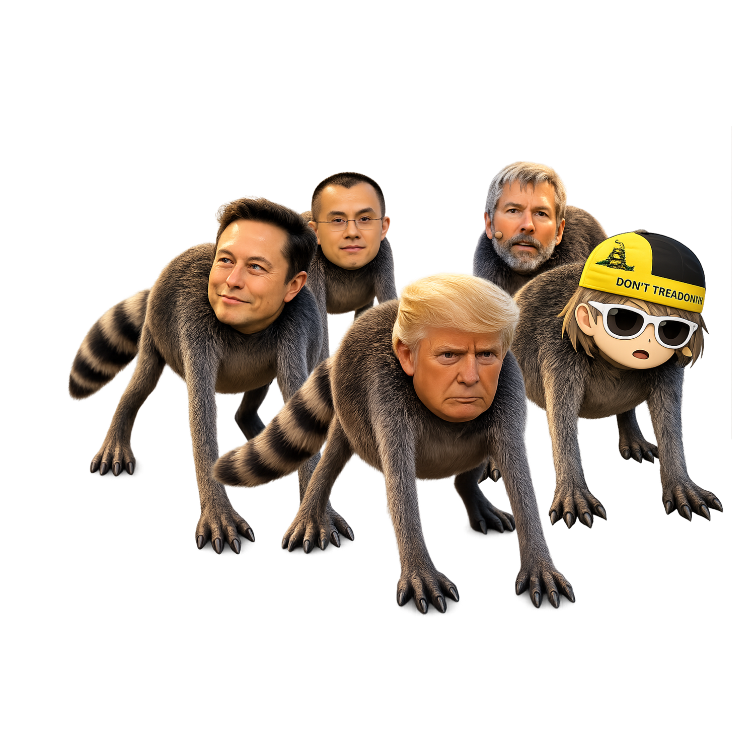 The five Jimofication mascots: lemur-bodied characters with the faces of famous crypto icons